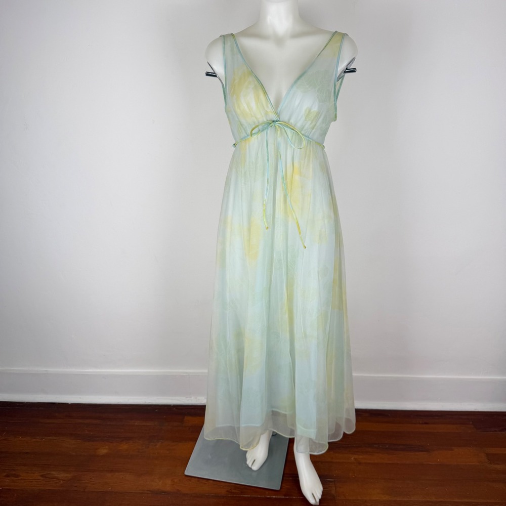 VTG Miss Elaine Sheer Chiffon Mint Green Floral Empire Maxi Nightgown V-Neck